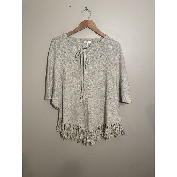 Joie Lace Up Sweater Pedra Oatmeal Wool Small Fringe Hem Pullover Poncho Sweater - Picture 2 of 6